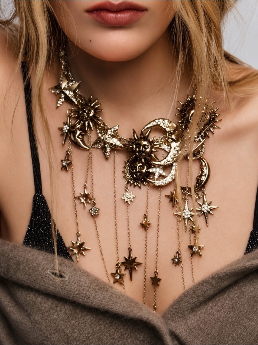 Gold Celestial Sun & Moon Pendant Fringe Necklace